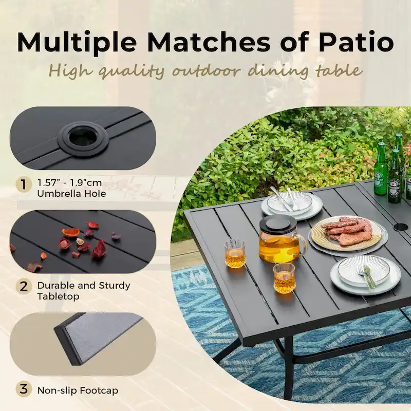 MAISON ARTS Patio Dining Set 7 Piece Metal Rectangle Patio Table with 2.6  Umbrella Hole and 6 Metal Dining Chairs, Black