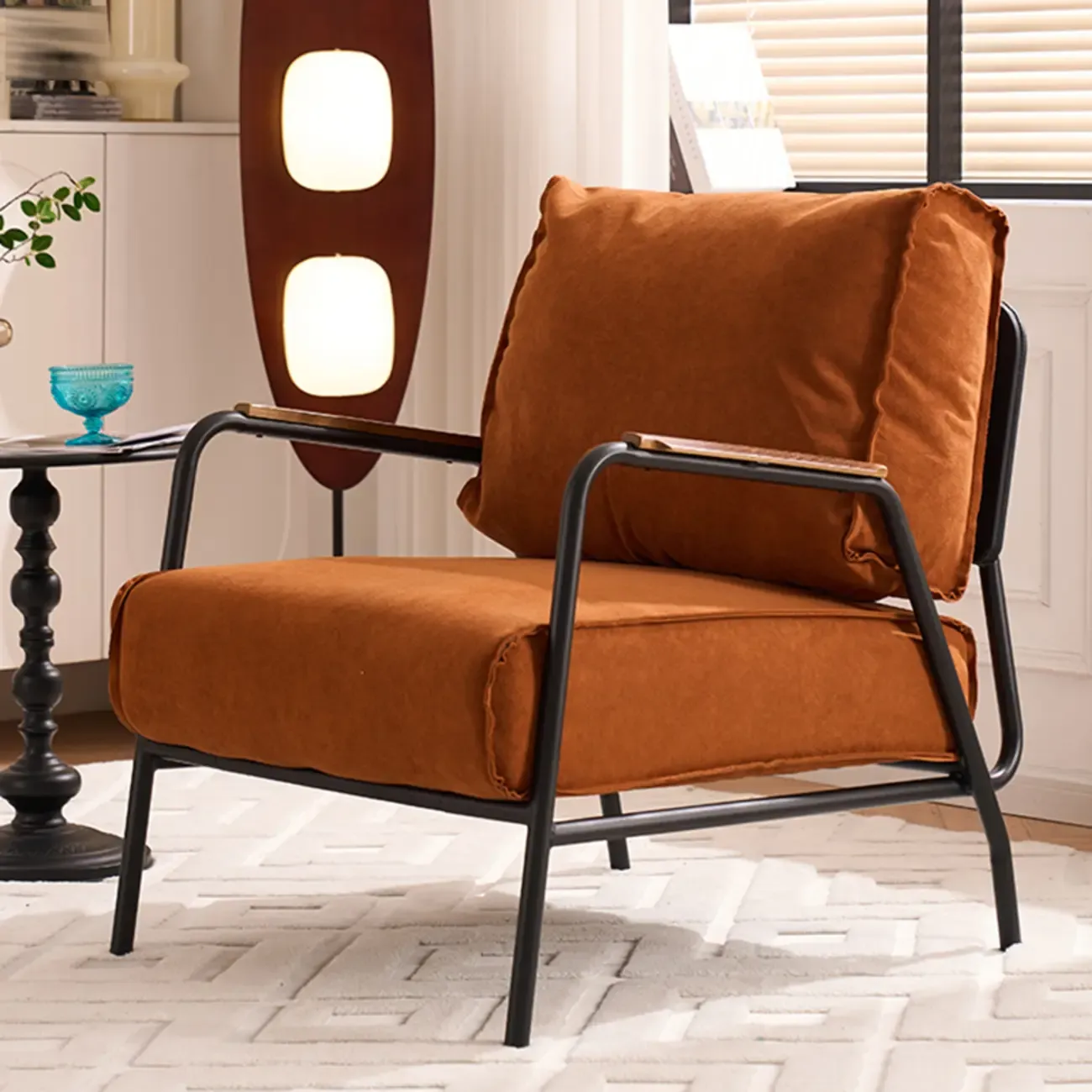 Modern Leather Accent Chair with Pillow and Metal Arms