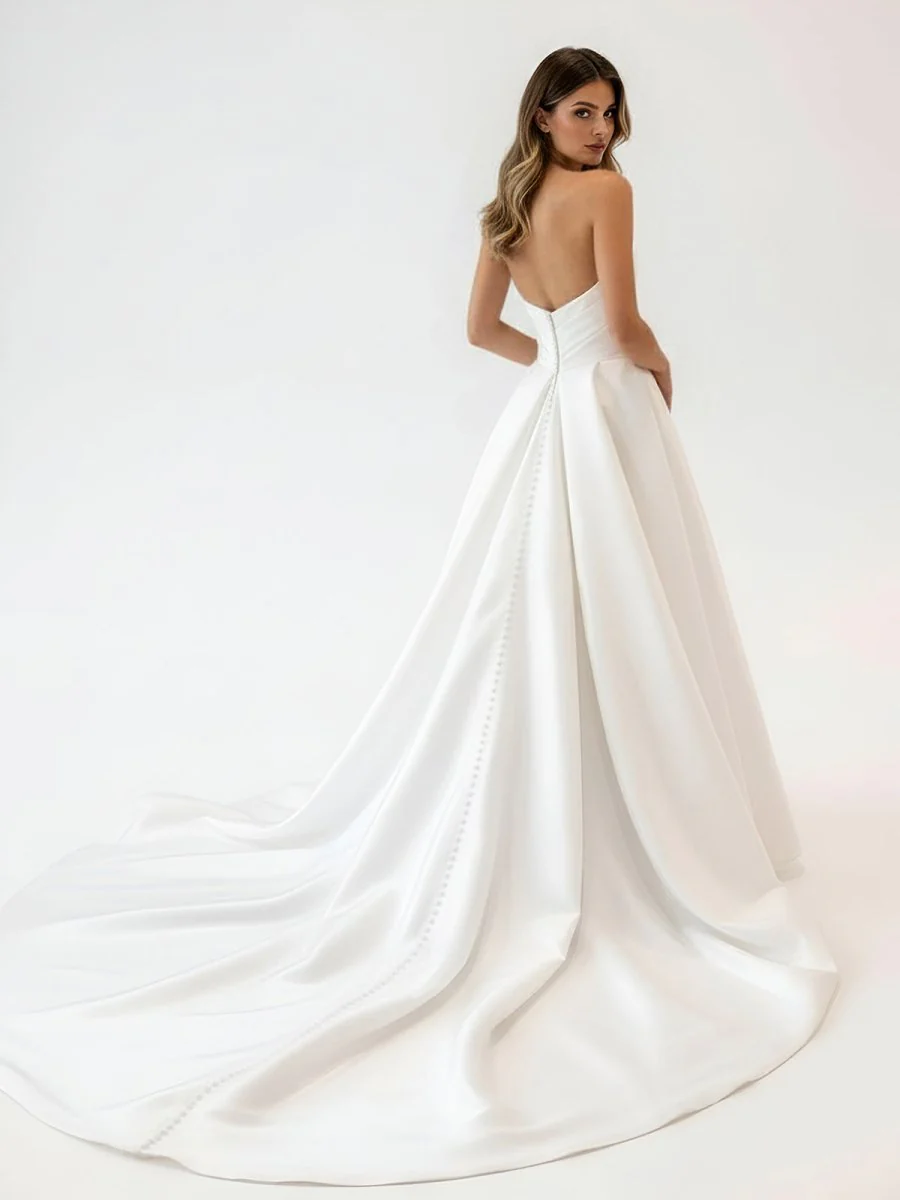 White Satin Long A-Line Wedding Dress with Slit