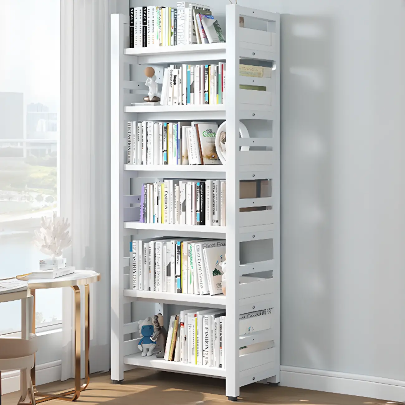 Freestanding Simple Multi-Layer Wood Bookshelf in Steel Frame