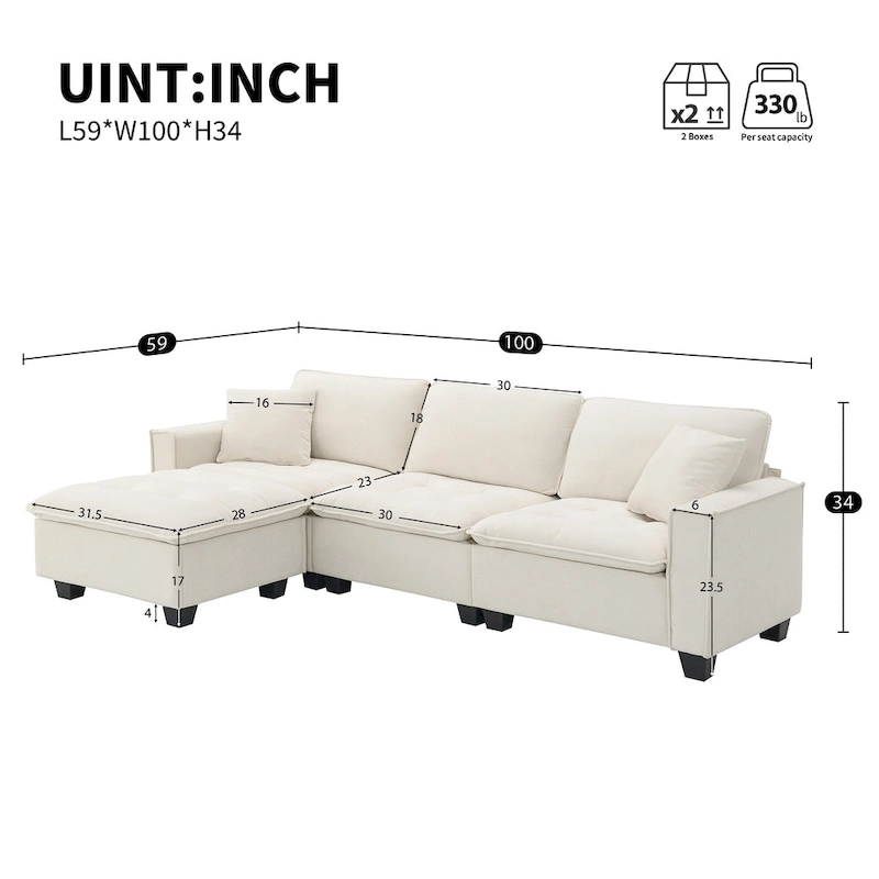 100 L-Shaped Convertible 4 Seater Sectional Sofa with Removable Ottoman and Matching Pillows, Suede Velvet Upholstery