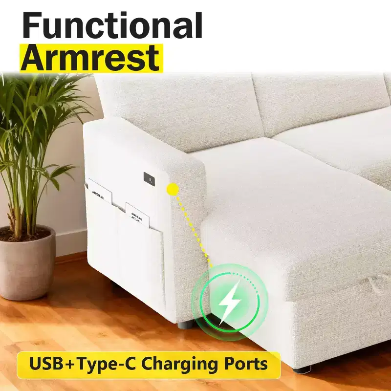 Dyonery 105-inch four-seat pull-out bed with storage space and side pockets, adjustable backrest, convertible sofa bed, Chenille