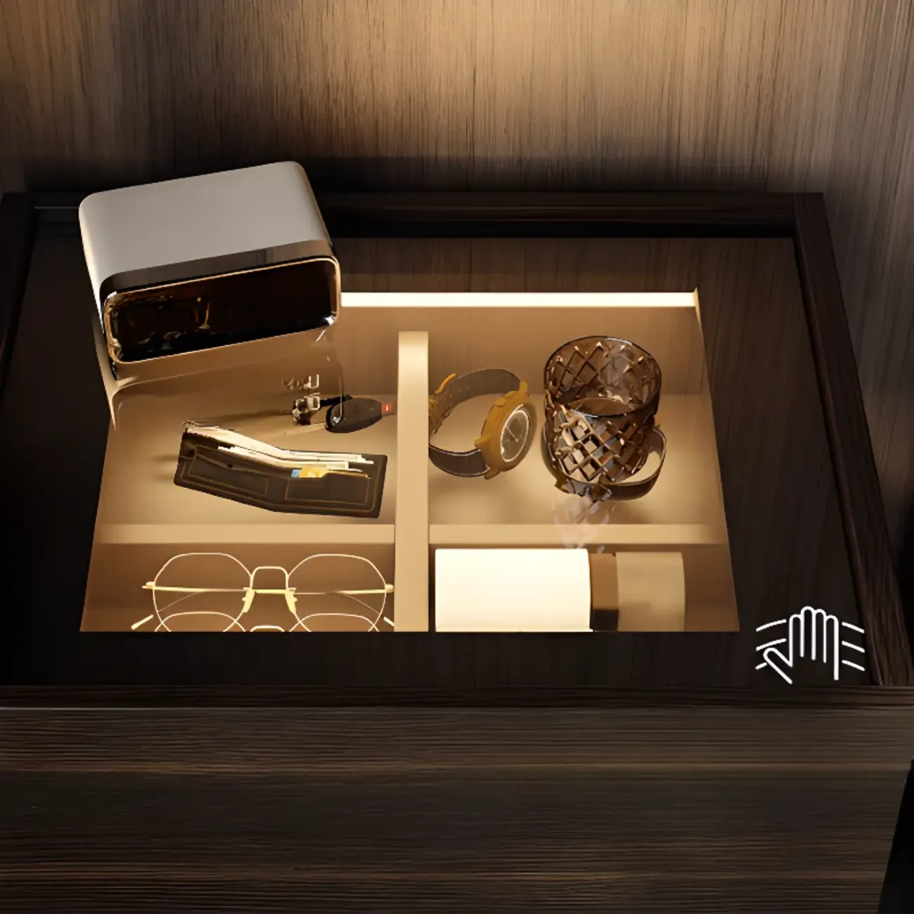 Narrow Black Glass Top 2-Drawer Wood Nightstand with Light