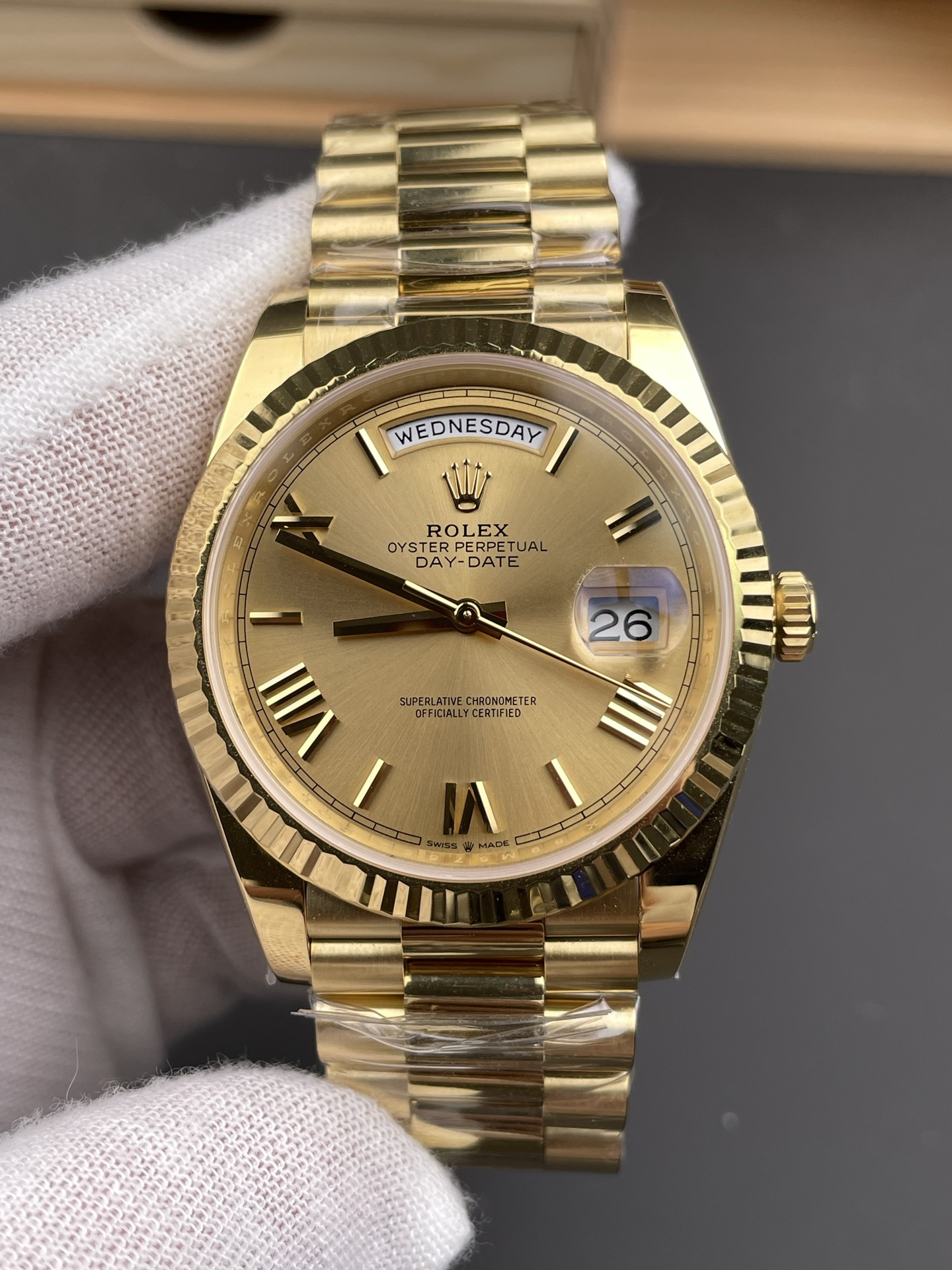 Gold Rolex Day-Date replica front dial close-up