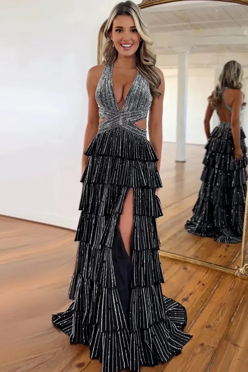 Black - A-Line V Neck Satin Beaded Long Prom Dresses With Ruffles