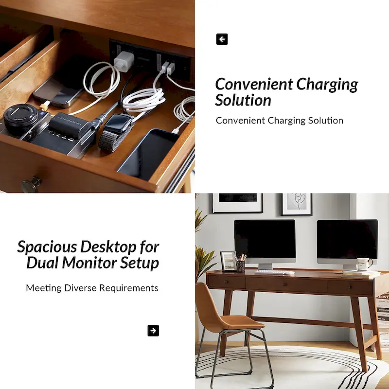 Walnut Mid-Century Office Desk with 3 Drawers and Charging Station