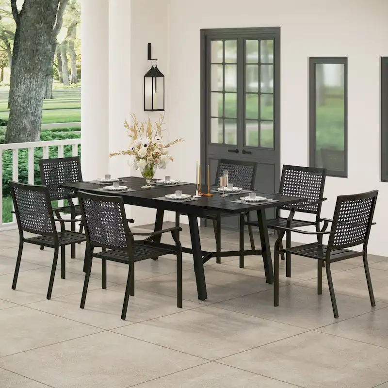 7/9-Piece Patio E-coating Dining Set of 6/8 Stackable Chairs & 1 Extendable Metal Table