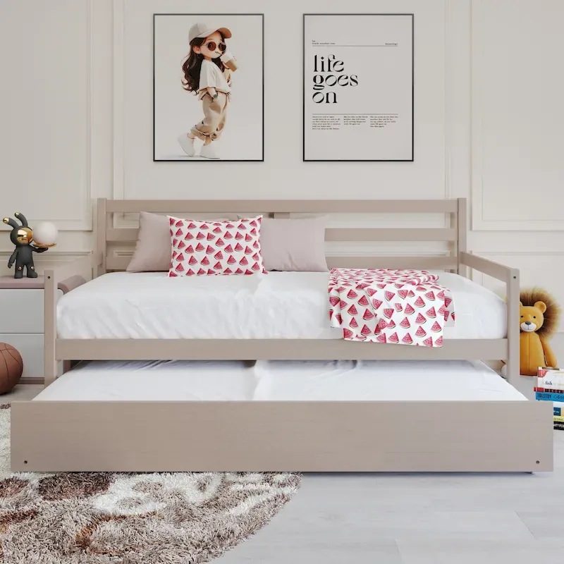 White/Walnut/Black/Light Oak/Antique Grey Railing-Style Twin Daybed with Trundle