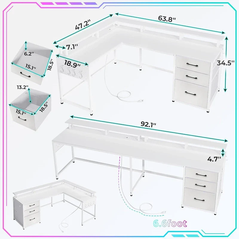 63.8 L Shaped Desk, Reversible Computer Desk Gaming Desk