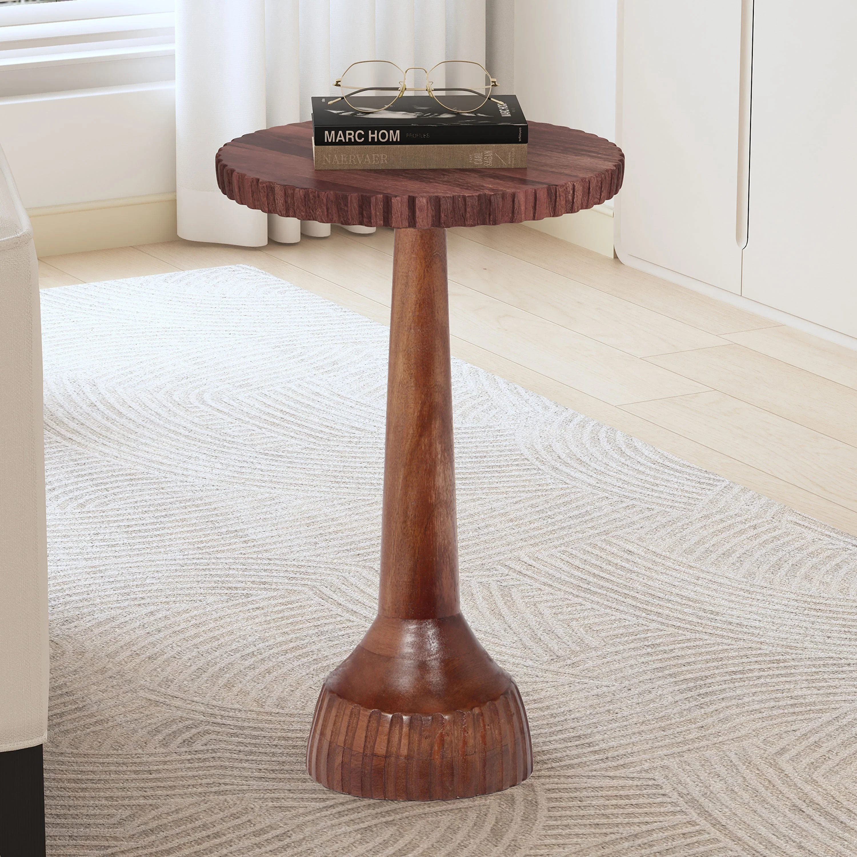 Modern Solid Mango Wood Pedestal End Table, Fully Assembled