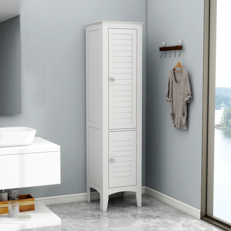 5-tier Narrow Freestanding Bathroom Cabinet with 2-shutter Doors - 15.35 x 15.35 x 63.00
