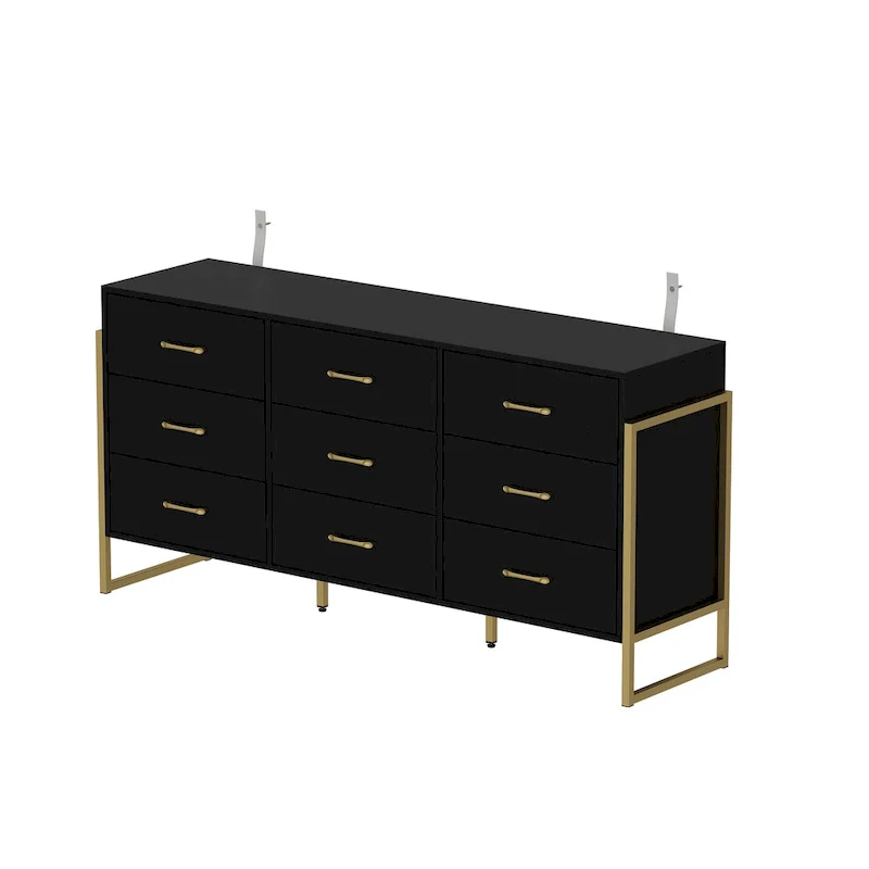 Elegant 9-Drawer Dresser with Gold Accents - Black Stripe Finish Chest