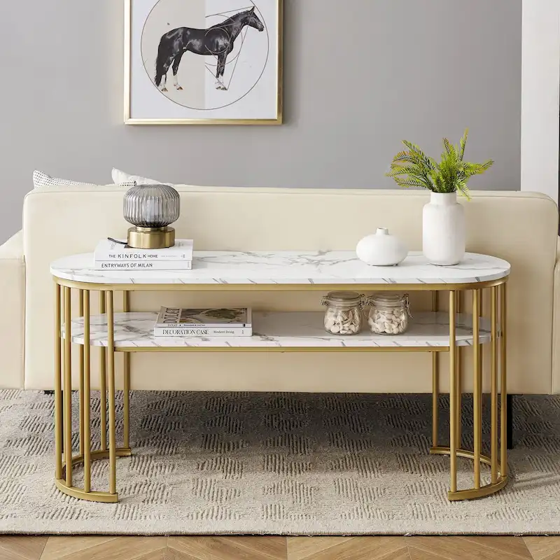 Ivinta White Sofa Table, Modern Faux Marble Top, Console Table with Gold Metal Frame