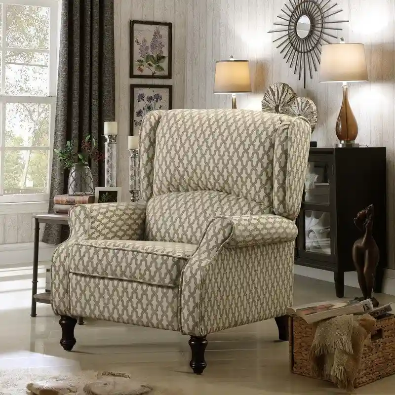 Manual Recliner Chair, Linen Trellis Pattern – Blue / Beige / Brown, Single