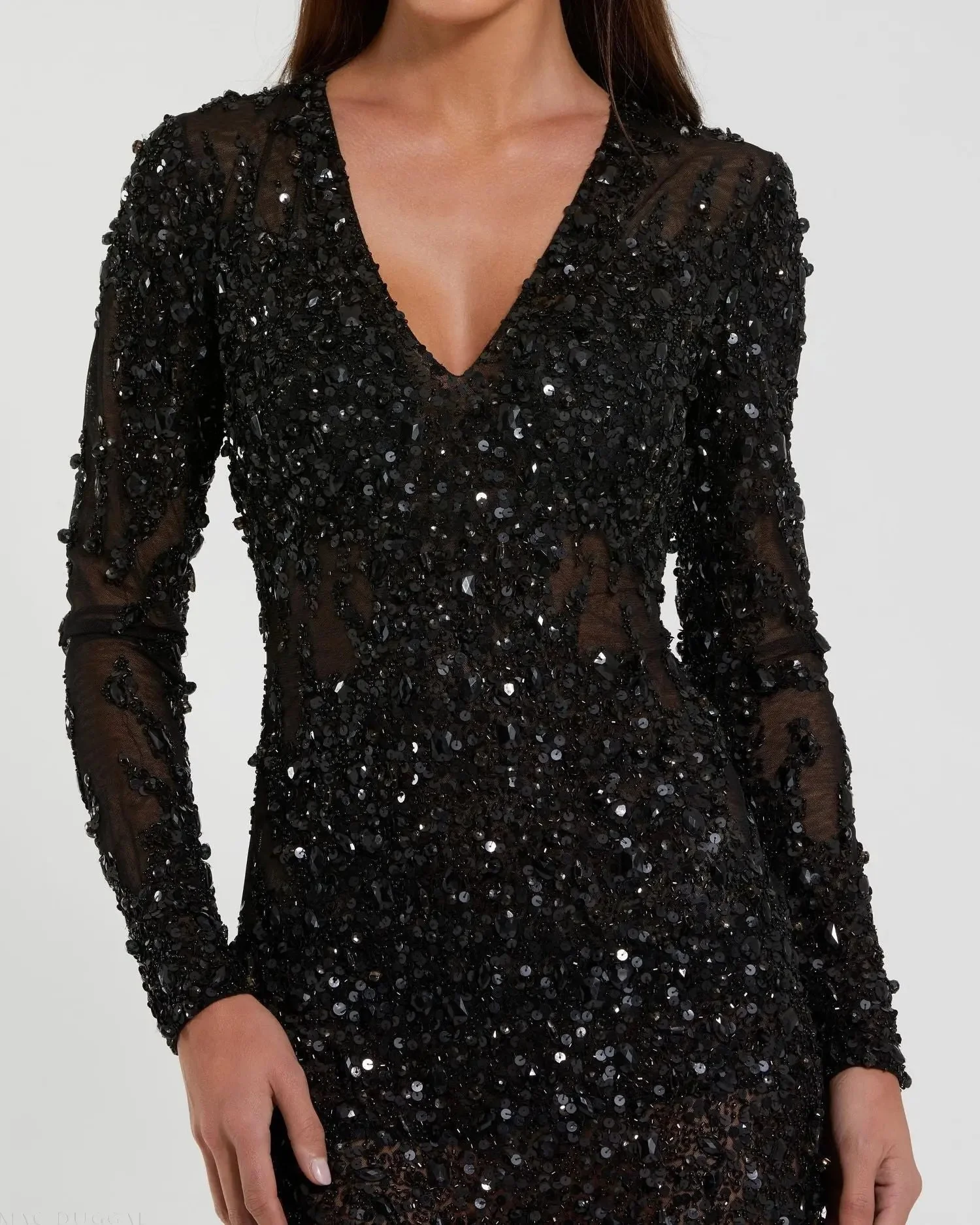 Black Long Sleeve Sheer Embellished Mini Dress