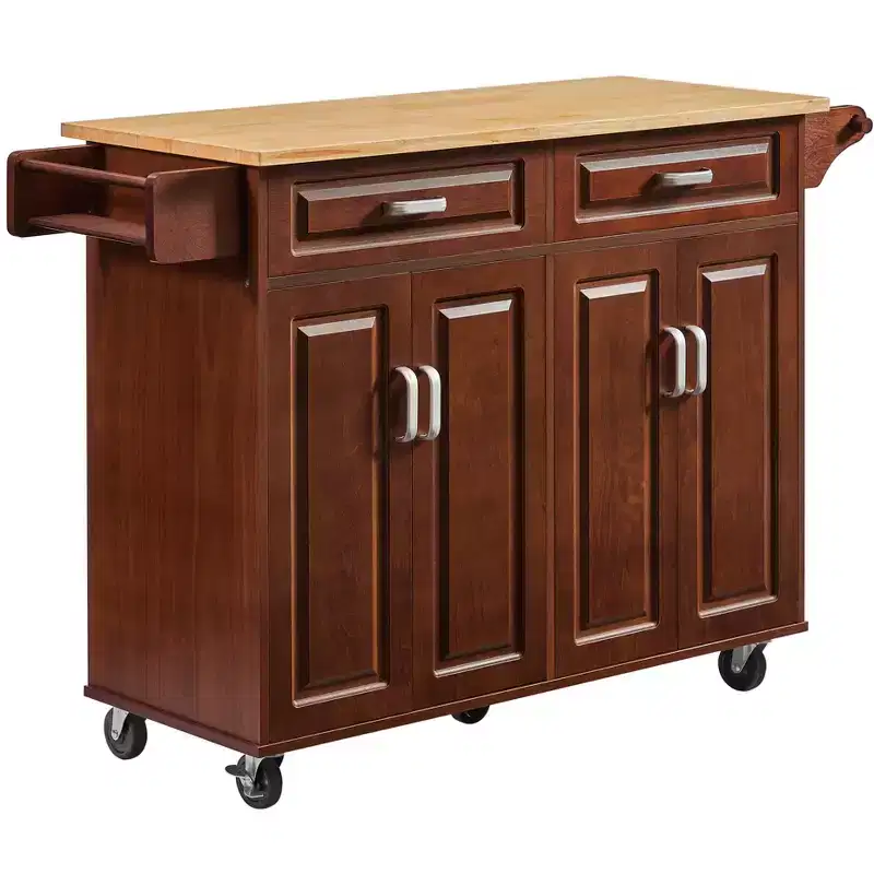 FAMYYT Brown Drop Leaf Wood Top 54 in. Kitchen Island Cart with 2 Drawers, Locking Casters, and Storage Shelves