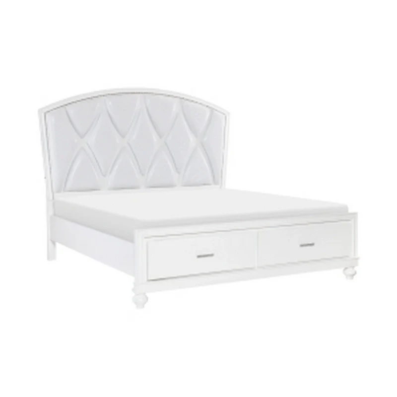 Russ Queen Platform Bed, LED Accents, Silver Faux Leather Upholstery, White