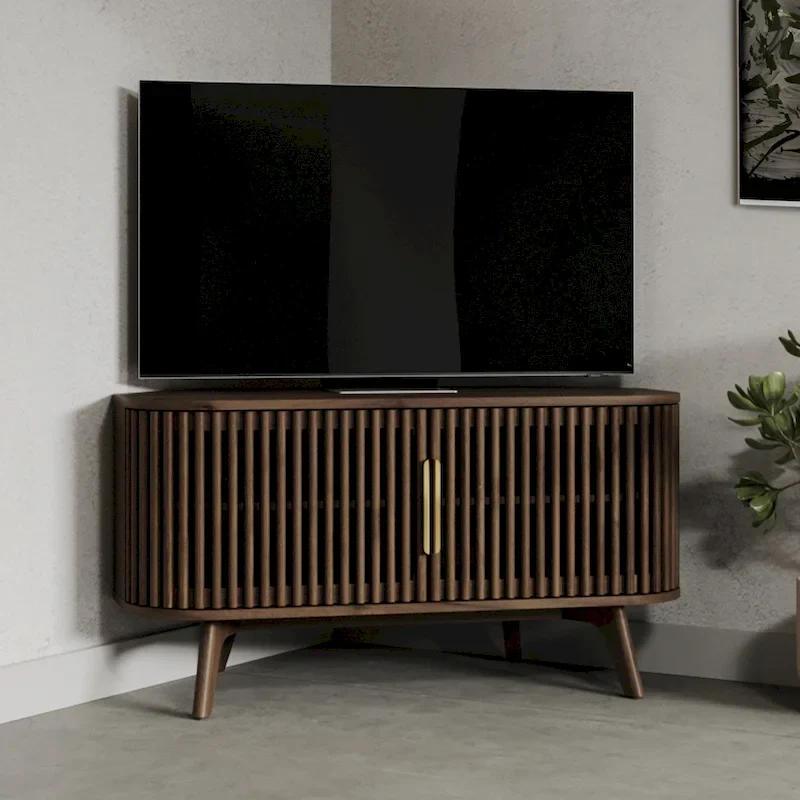 Dark Walnut & Brass Corner TV Stand – Mid-Century Style, 1-Person Assembly