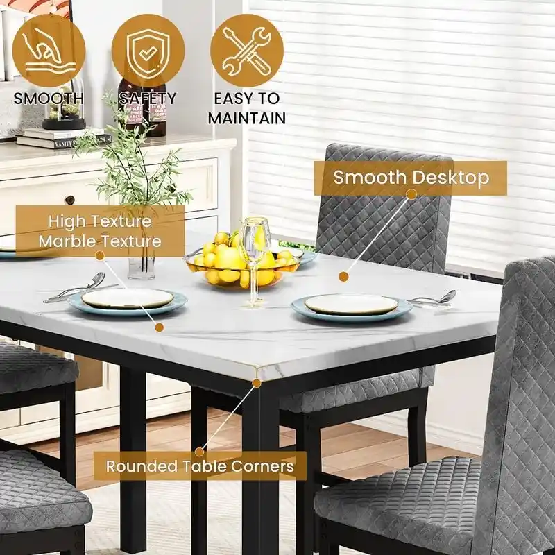 Grondin 5-Piece Dining Room Table Set with Faux Marble Table Top and Diamond Stitching Velvet Upholstery Dining Chairs