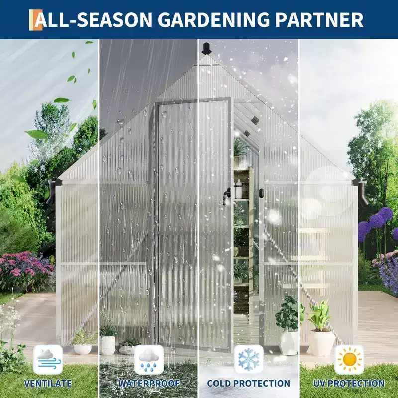 8'X16' Aluminum-Framed Polycarbonate Greenhouse, Heavy Duty Greenhouse with Quick Setup Structure and Roof Vent, Enhanced Aluminum Greenhouses Kit