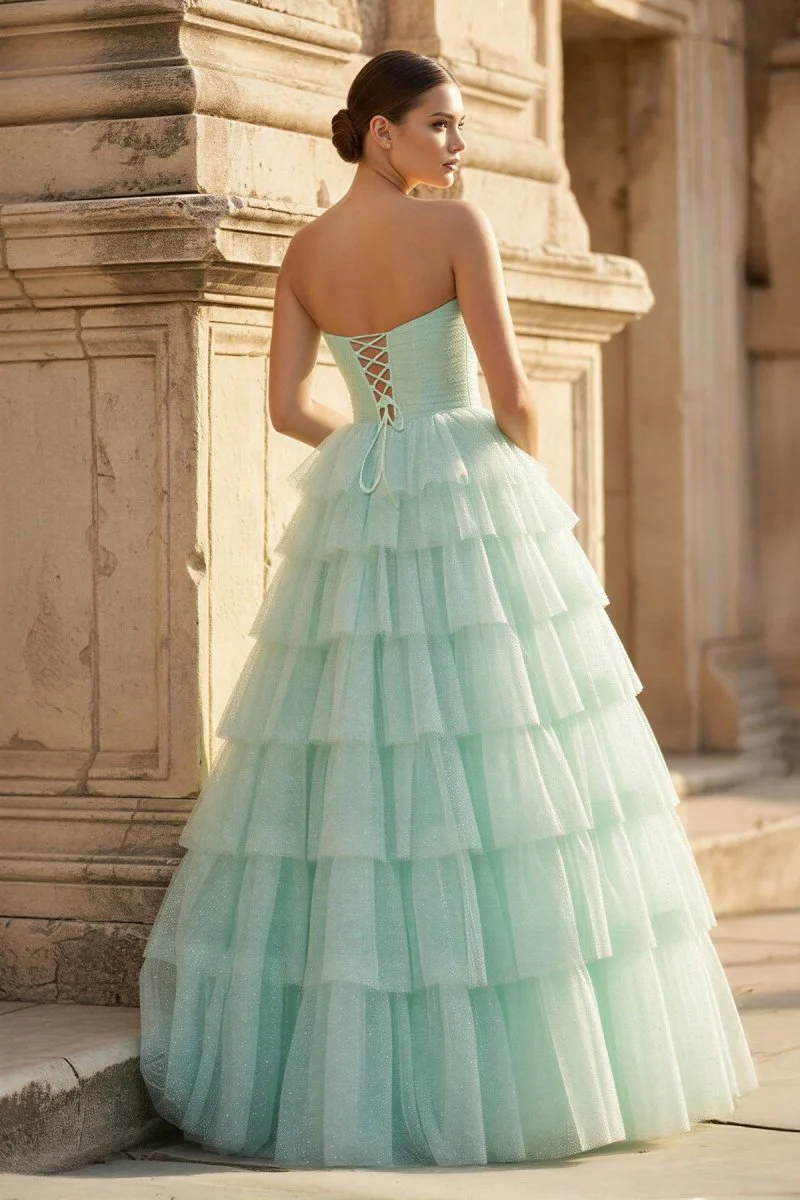 Mint Green Sweetheart Tulle Tiered A-Line Long Prom Dress with Slit