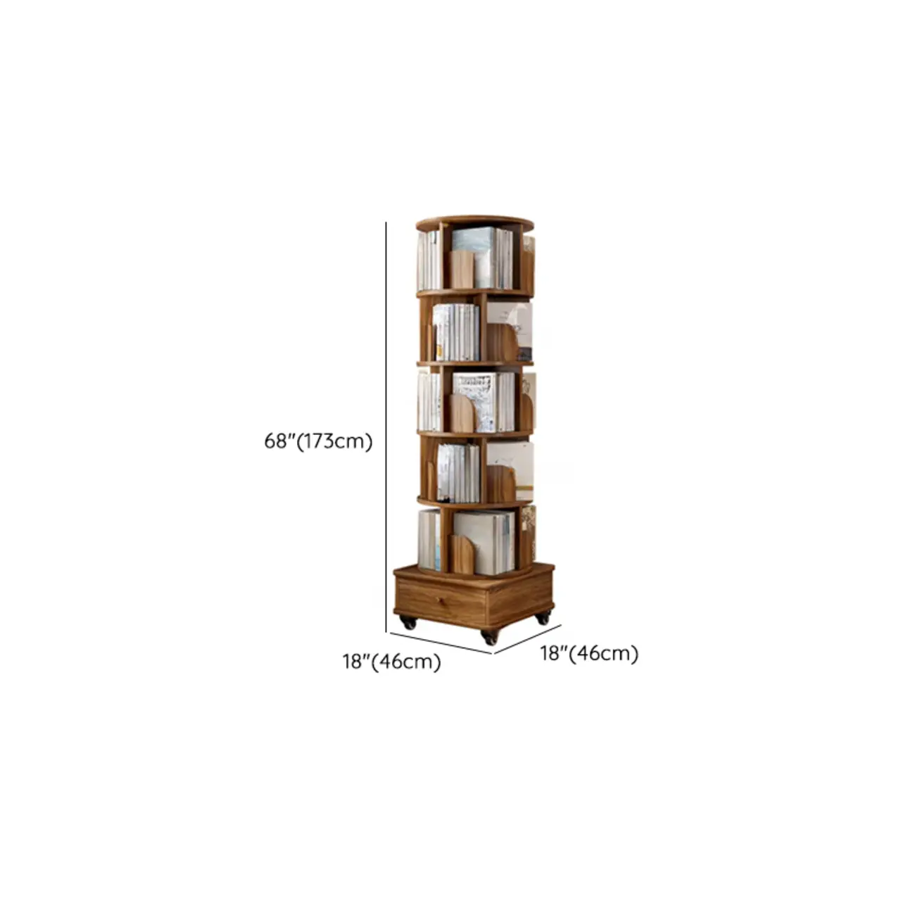 Narrow Wood 5-Tier Revolver Sliding Bookcase with Drawer