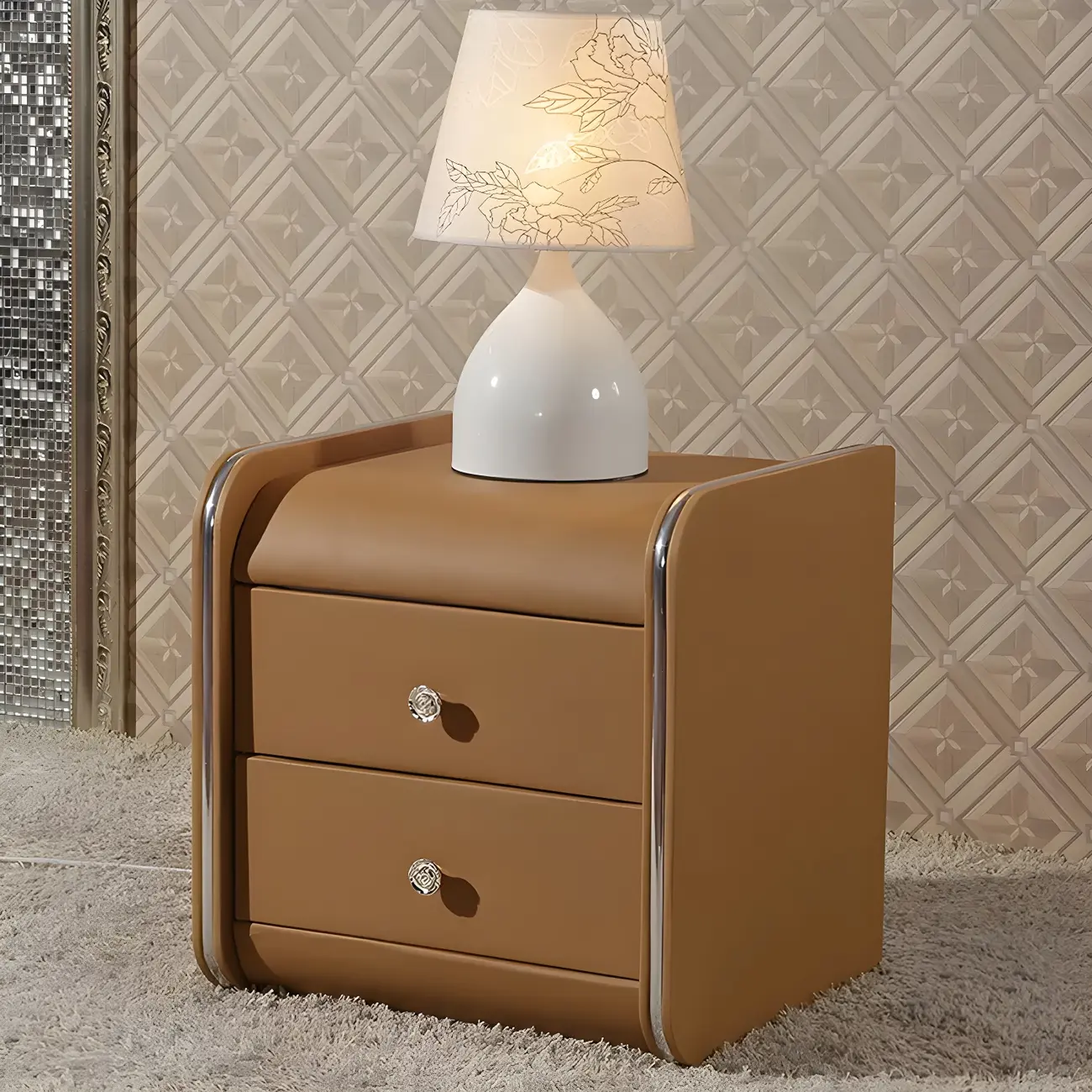 Luxurious Glossy Leather Wooden 2 Drawer Black Nightstand