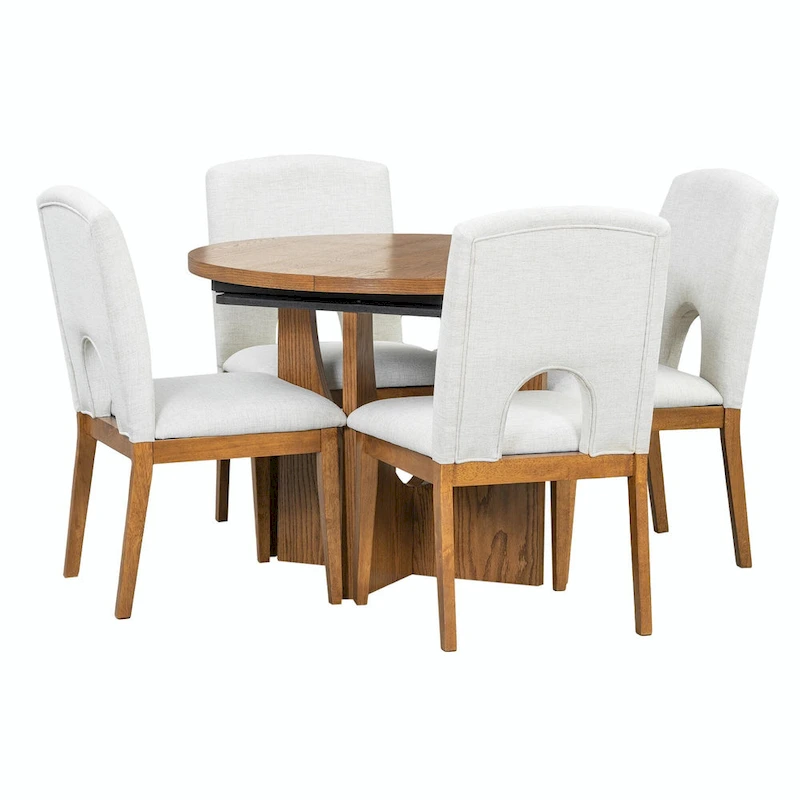 Modern 5-Piece Round Dining Set with 16.2 Removable Leaf