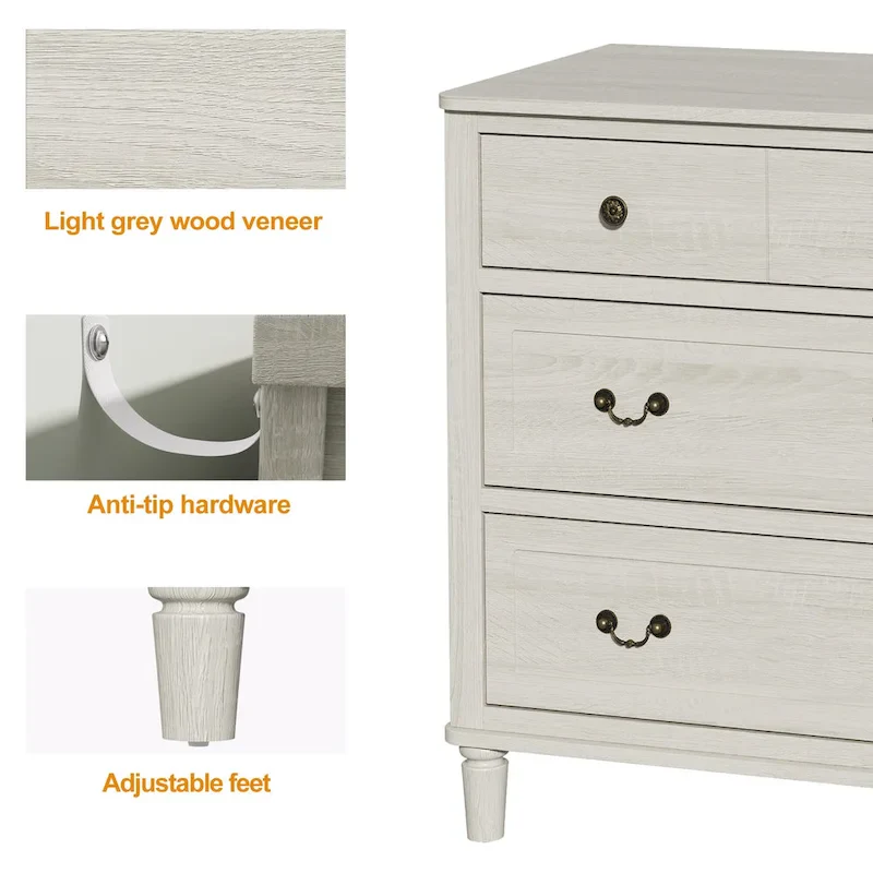 Extra Large 6 Drawer Dresser, Light Grey