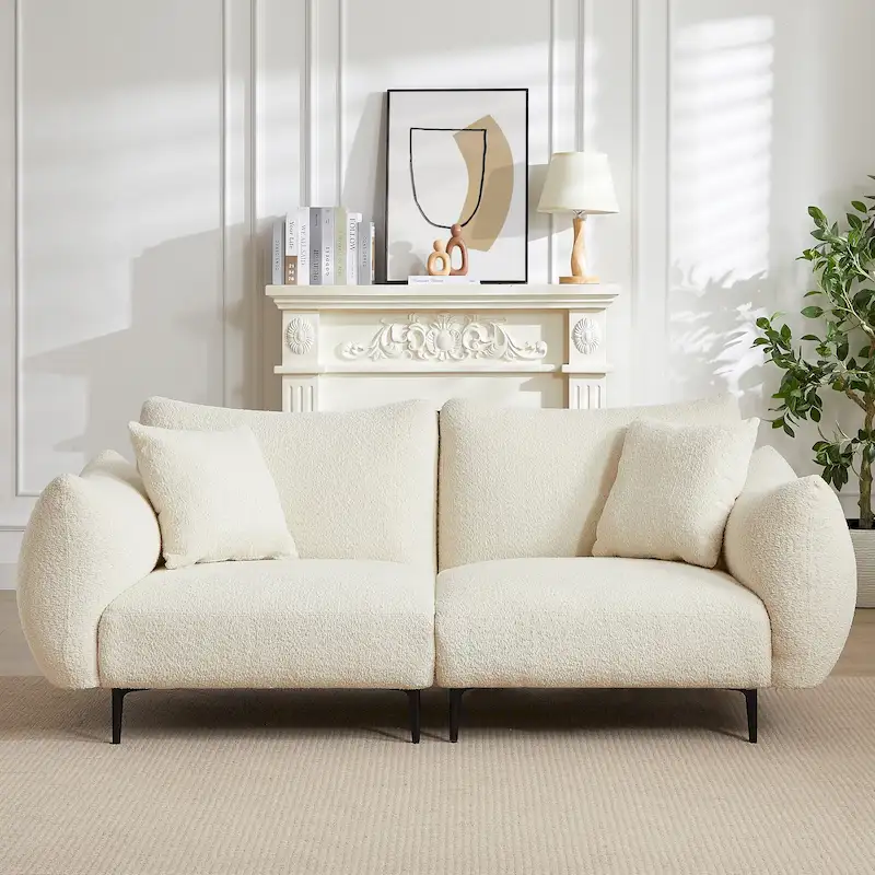 White Sherpa 2-Seater Loveseat with Metal Legs & 2 Pillows