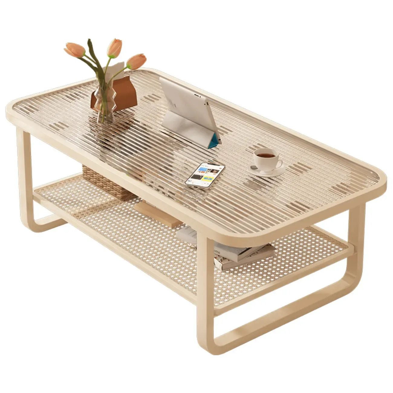 Modern White Rectangle Glass Coffee Table with Shelf