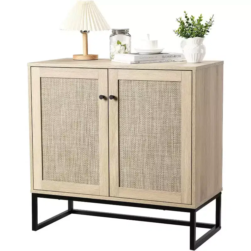 Rattan Buffet Cabinet with Storage,Storage Cabinet with Decor Doors, Multi-Functional Kitchen Cupboard for Living Room, Hallway, Entryway