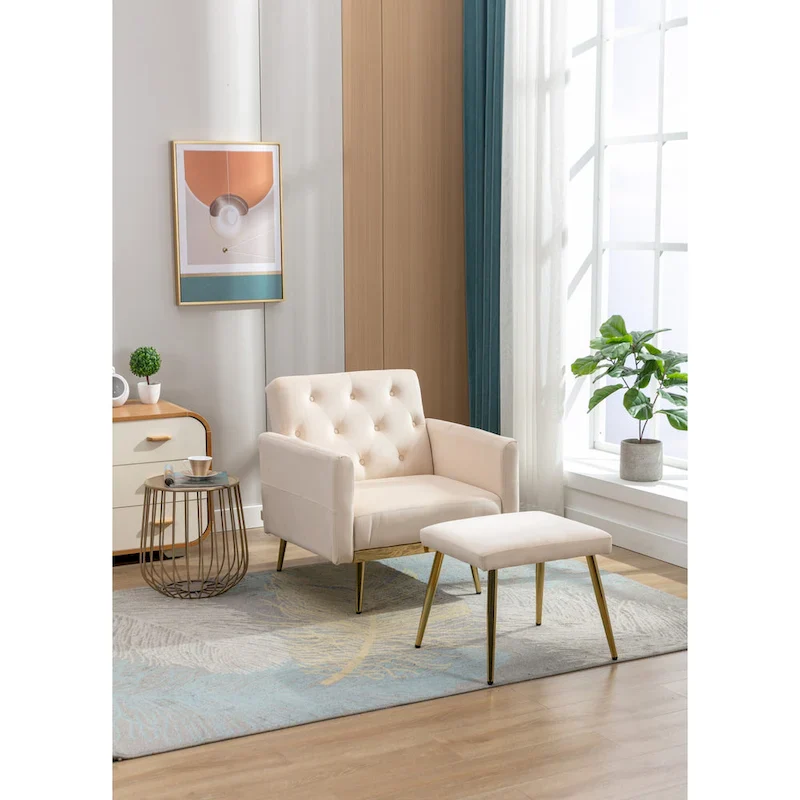 Velvet Tufted Convertible Armchair with Adjustable Backrest & Ottoman – Single