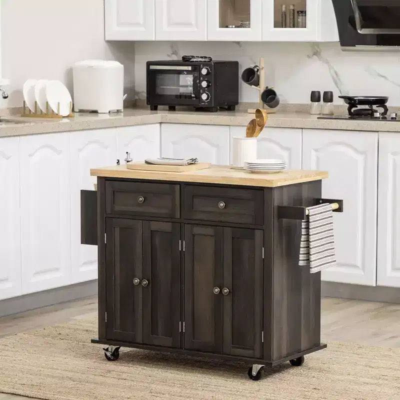 Okak Modern Kitchen Island On Wheels with Spice Rack, Kitchen Cart with 2 Drawers and 4 Cabinet Doors, Countertop Organizer for Kitchen, Brown Oak