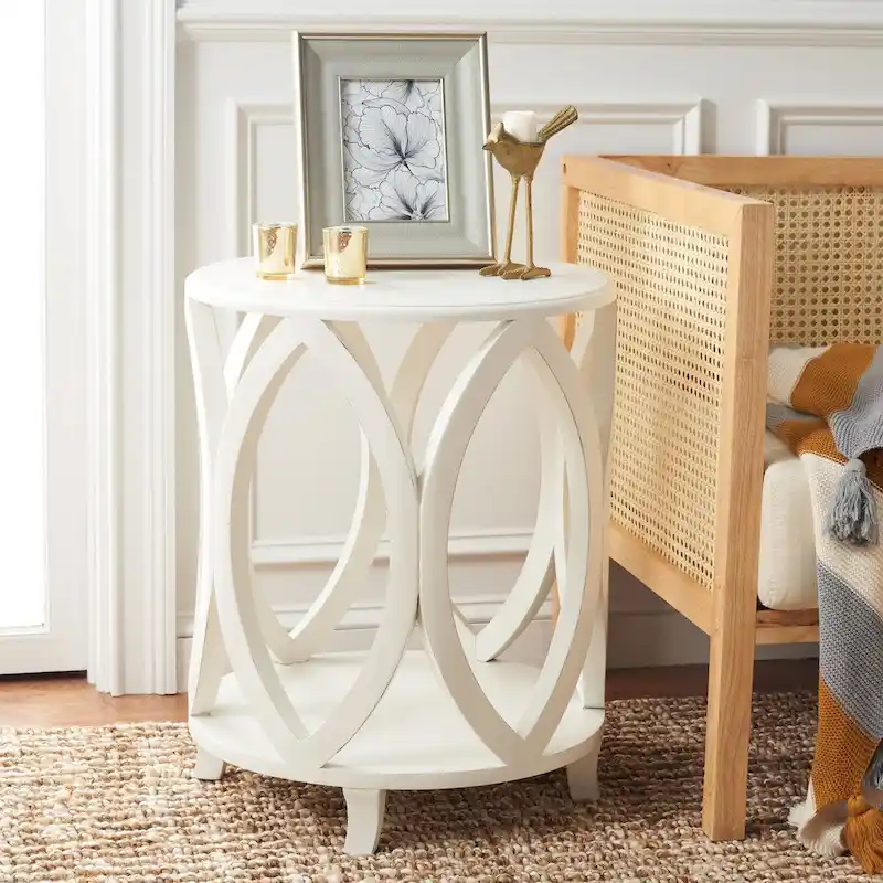 Off White/Dark Teal/Ash Grey Modern Geometric Poplar Wood Accent Side Table