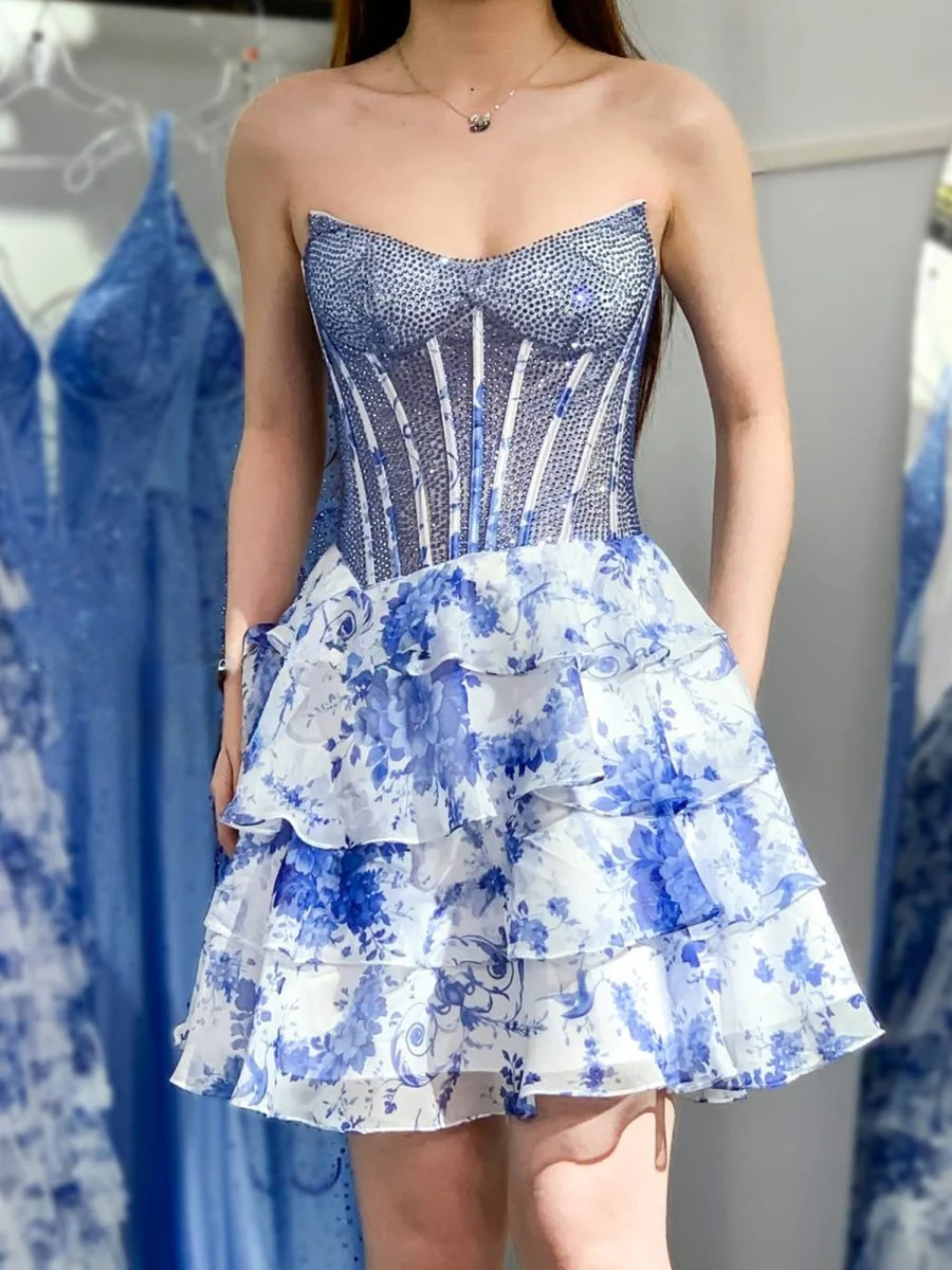Blue - Strapless A Line Floral Printed Chiffon Homecoming Dress With Beading