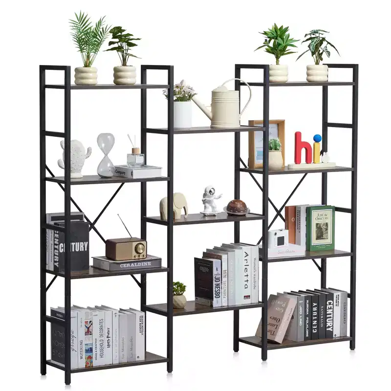 VEVOR Triple Metal Bookshelf, 11-Tier Industrial Bookshelf, Large Rustic Vintage Storage Bookcase with Open Shelves, Freestanding Display Shelving