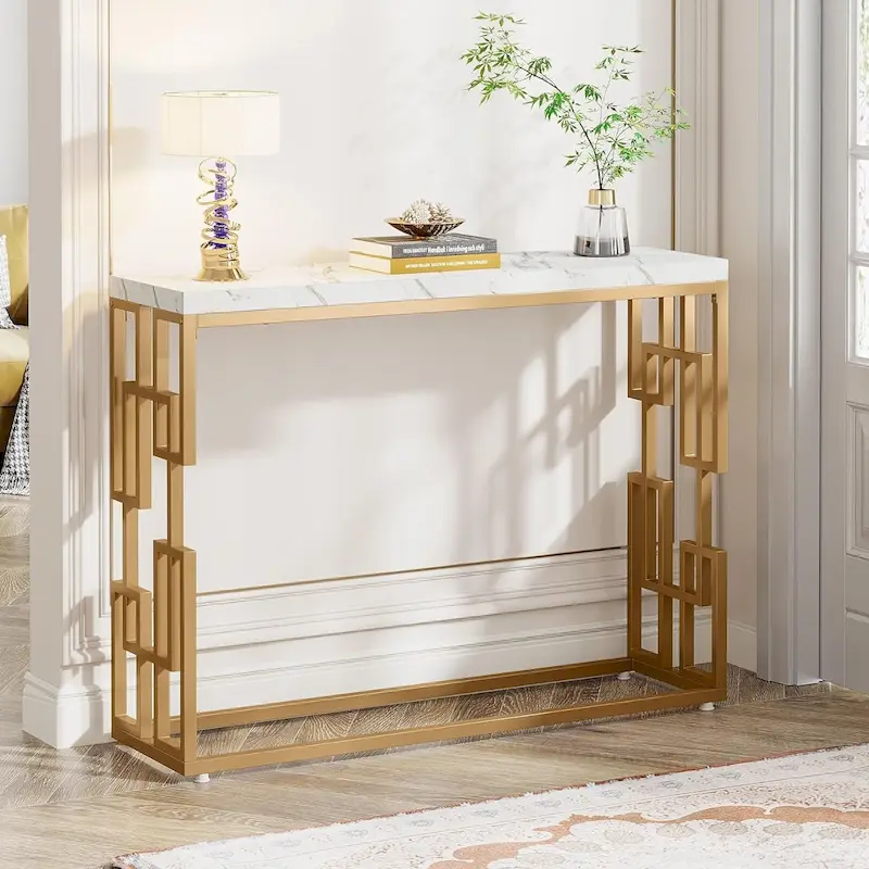 Console Table, White Faux Marble Modern Sofa Tables for Living Room