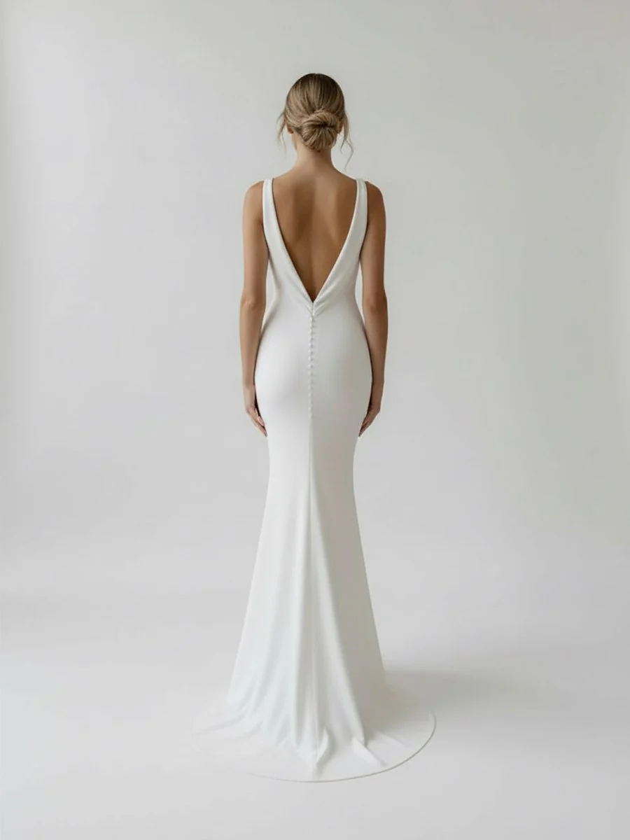 Mermaid Deep V-Neck Backless White Wedding Dress