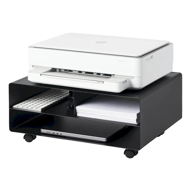 Black / White Rolling Printer Stand with Storage, Steel, Single-User