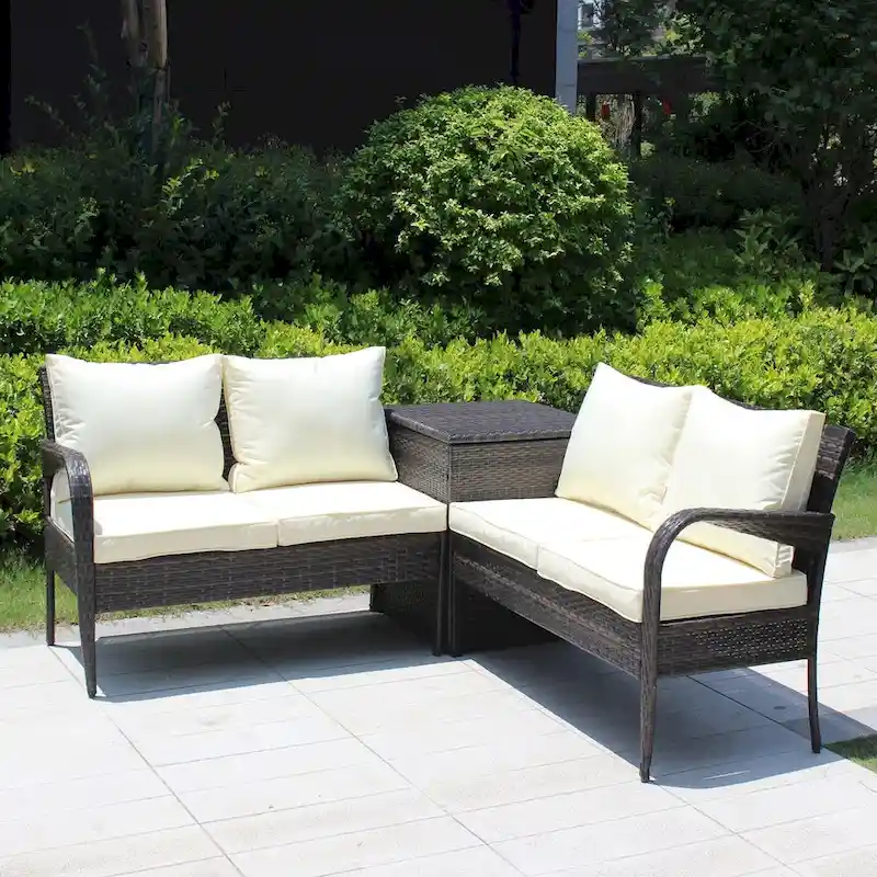 3-Piece Wicker Patio Conversation Set with Beige Cushion