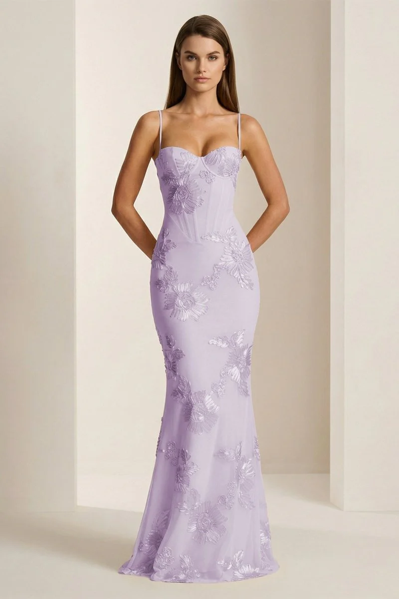 Yellow Spaghetti Straps Sheath Long Prom Dresses With Floral Embroidery