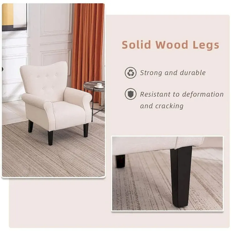 EROMMY Wingback Accent Chair, High-Back Upholstered Fabric Chair with Wooden Legs, Off-White