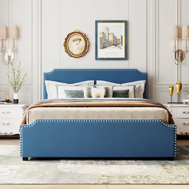 Upholstered Platform Bed with Stud Trim Headboard and Footboard and 4 Drawers No Box Spring Needed, Velvet Fabric