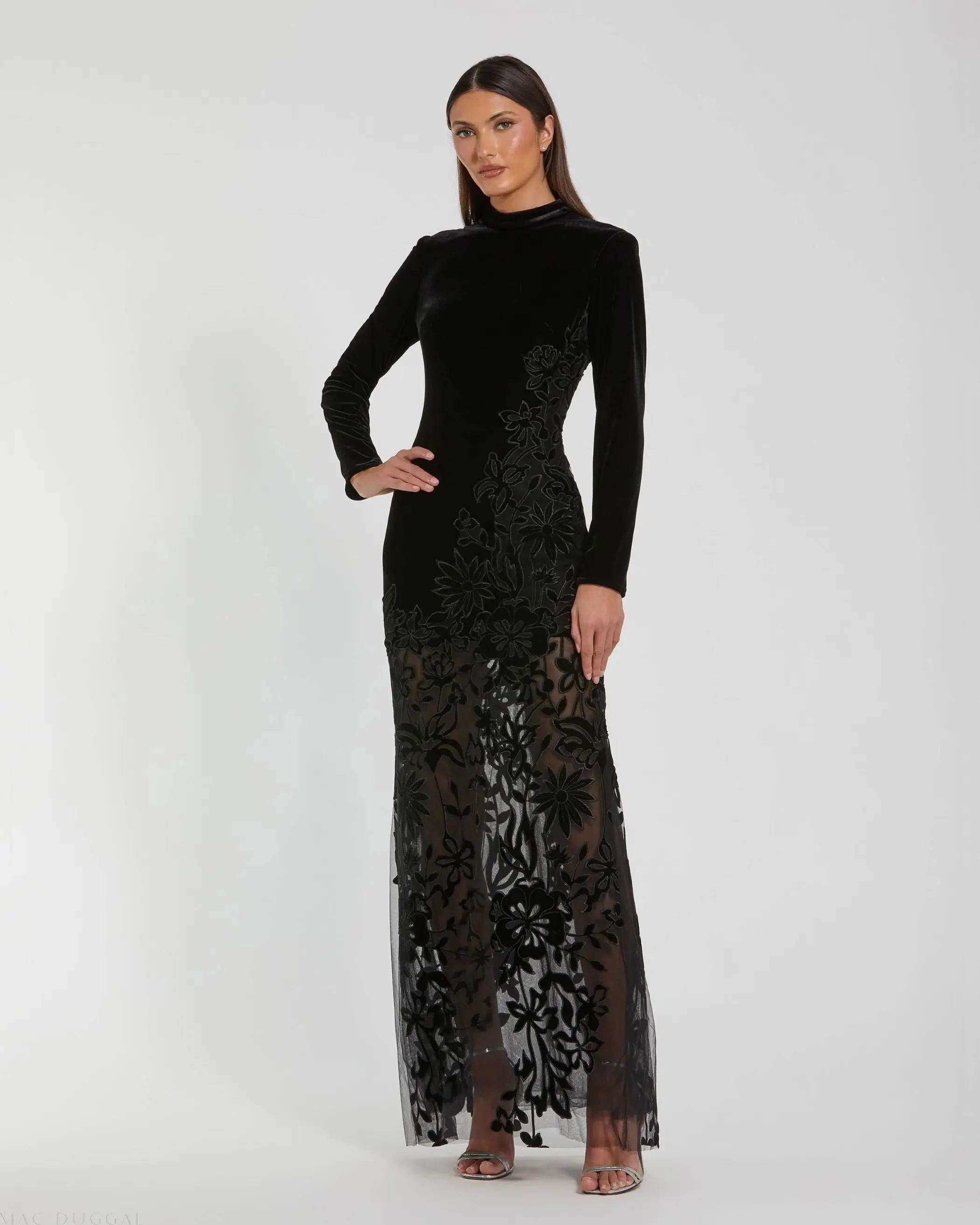 Black Long Sleeve Sheer Floral Embroidered Velvet Gown