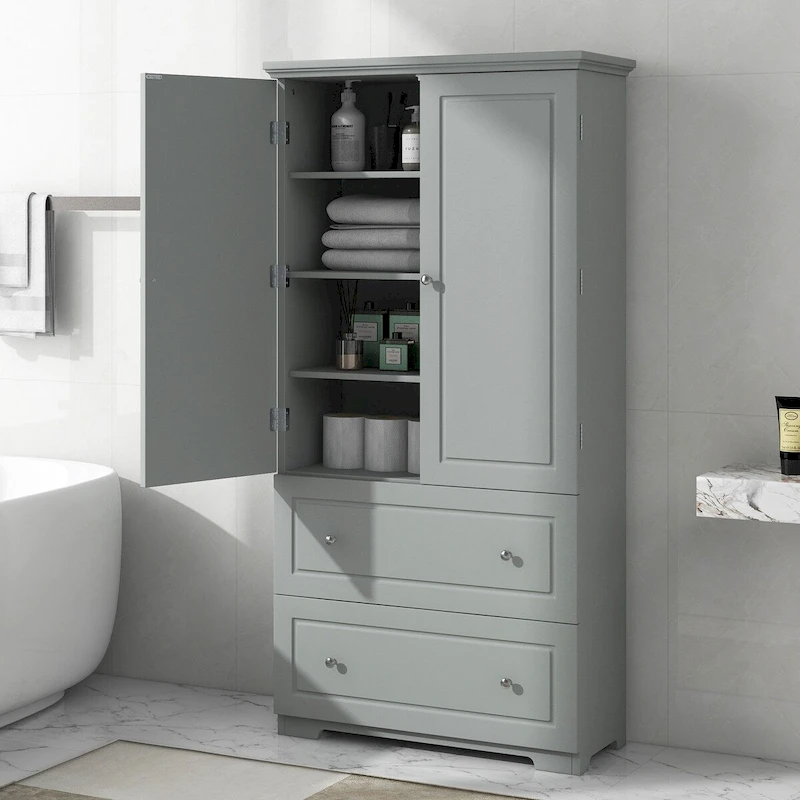 Tall Bathroom Storage Cabinet, Freestanding Storage Cabinet with Two Drawers and Adjustable Shelf