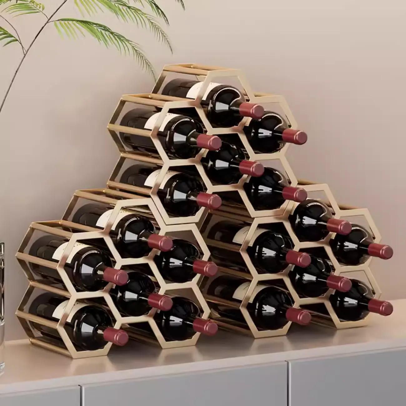Freestanding Metal Wine Rack Hexagon Tabletop Bottle Holder