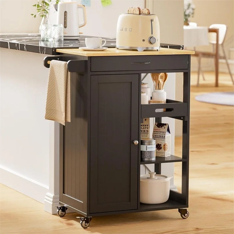 Kitchen Trolley Rolling Island Cart with 1 Drawer, Storage Cabinet and 3 Tier Storage Shelves