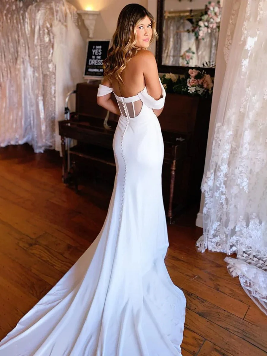 Simple White Mermaid Off-the-Shoulder Boho Wedding Dress