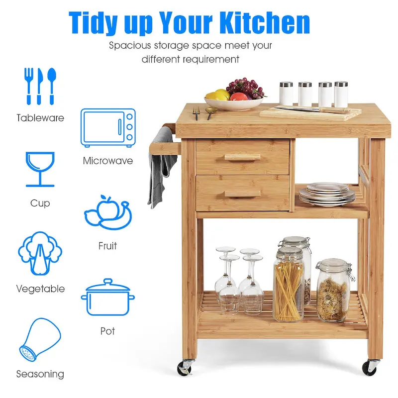 Costway Bamboo Kitchen Trolley Cart Wood Rolling Island w/ Tower Rack